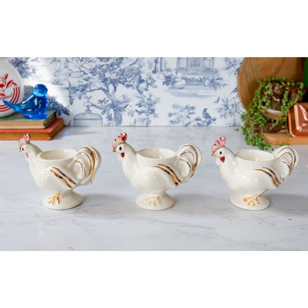 VTG Chicken Hen Rooster Egg Cup Holders Set of 3 Cottage Farmhouse Retro Brunch - Picture 13 of 15